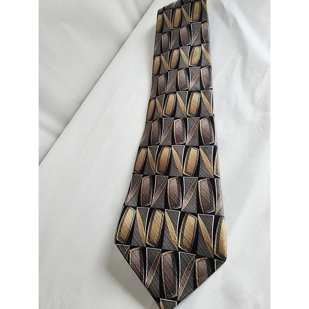 Albert Nipon Mens Silk Tie Geometric Abstract Gold Bronze Grey DuPont Teflon